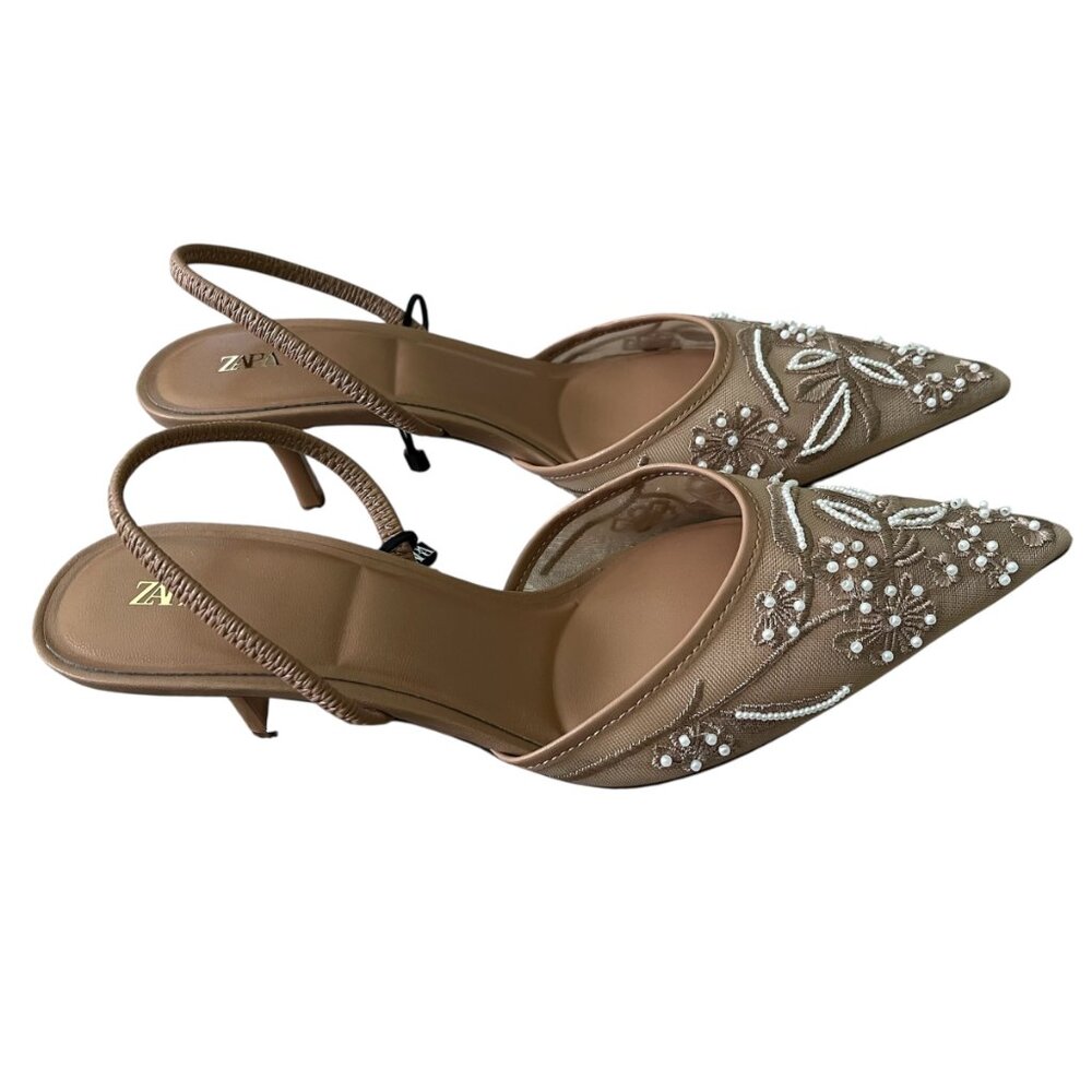 Zara Embroidered Mesh Slingback Heels Brown Size 10 Pointed Toe NWT Party Bridal - Picture 7 of 9